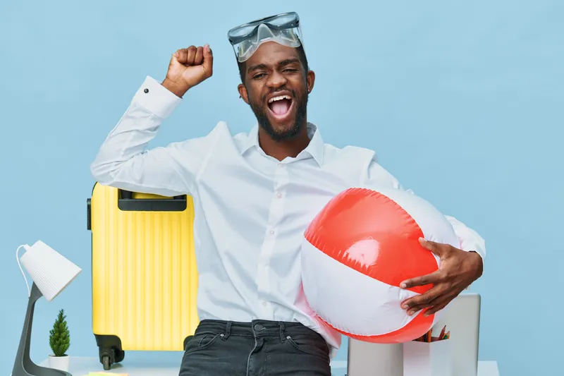 Joyful man celebrating summer vacation on travel trip holding inflatable beach ball, smiling cheerful outdoor scene with bright light, summer leisure, holiday mood, tropical holiday, vacation fun, rel