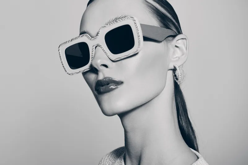 Portrait of a young Caucasian woman with pale skin wearing large sunglasses and glossy lipstick against a plain background. Concept of fashion, style, and beauty.