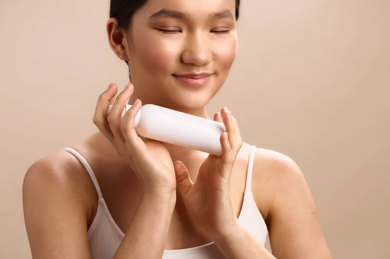 asian woman gently applies a skincare product with a calm smile in a soft, minimalist setting, highlighting routine peace and healthy glow as she cares for her skin.