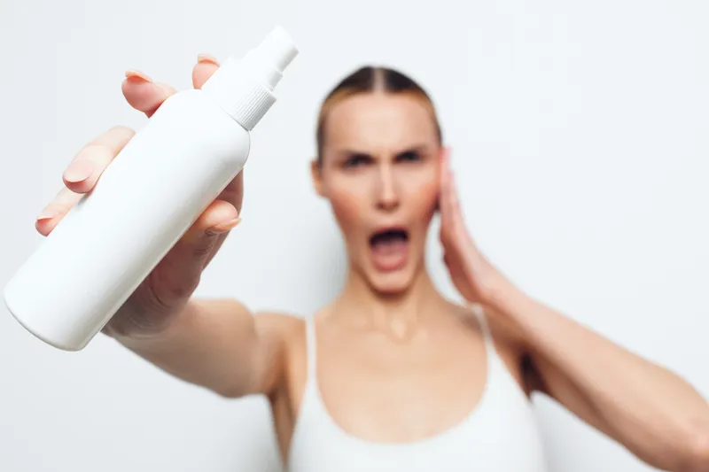 A young woman in a white tank top holds a white spray bottle towards the camera while expressing surprise or shock with her mouth open and hand on her head.