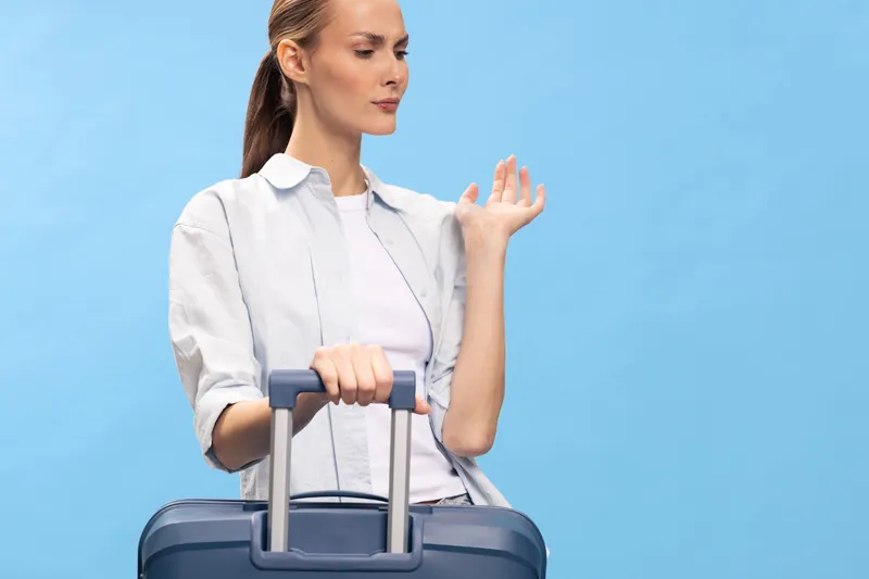 Young woman with suitcase looks away and holds luggage handle on blue background. Concept of travel, vacation, waiting, and departure with casual outfit and neutral expression.