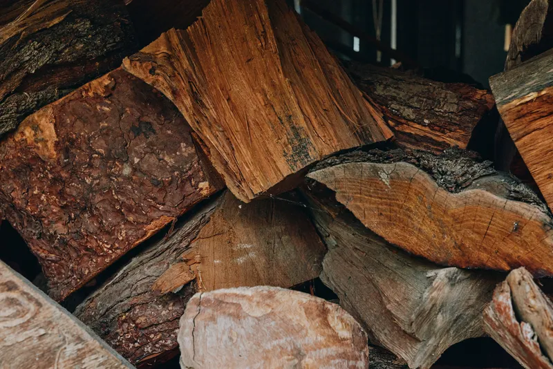 Stacked firewood and chopped wood in a closeup log pile showing wood logs and rich wood texture, cozy firewood stack near a rural cabin for winter heating and hearth.