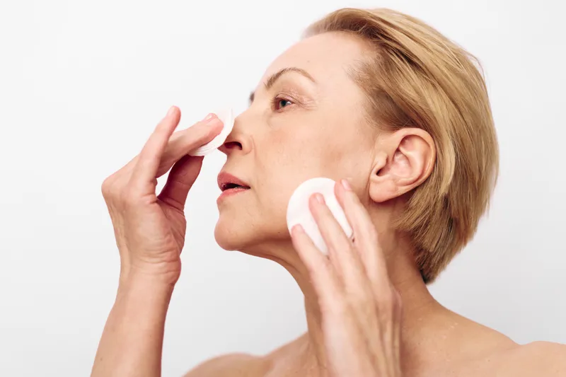 Mature woman with short blonde hair gently applying skincare product on her face using cotton pads. Concept of natural beauty, self-care, and anti-aging routine in bright studio light.