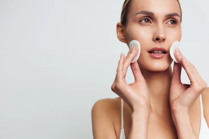 Woman portrait applies skincare cream to face with cotton pad, calm beauty routine, gentle treatment for clean healthy skin and hydration, isolated on white background