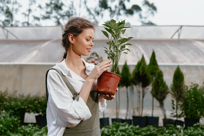 Young woman in casual wear caring for a potted plant in a greenhouse, showcasing her passion for gardening and nature s beauty