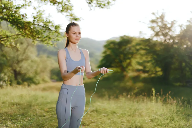 Young athletic woman jumping rope in a sunny green park, enjoying a healthy lifestyle, surrounded by nature and vibrant colors, promoting fitness and wellness