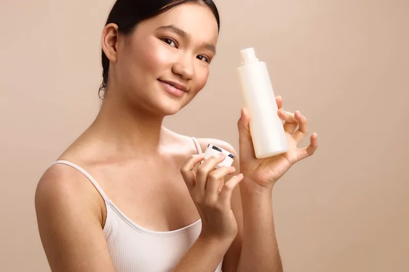 asian woman holds skincare products in a soft studio setting, a bottle and cream visible as she smiles gently, conveying a calm, selfcare focused moment in a clean, minimal composition.