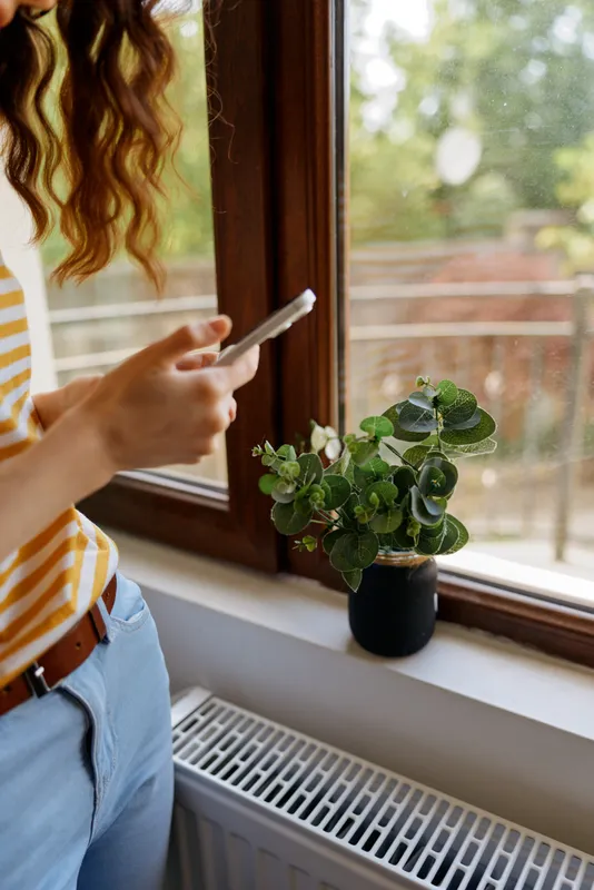 Bright casual moment with a woman at a home window, looking at a phone, plant on the sill, sunlit scene, relaxed posture, warm colors, cozy domestic mood