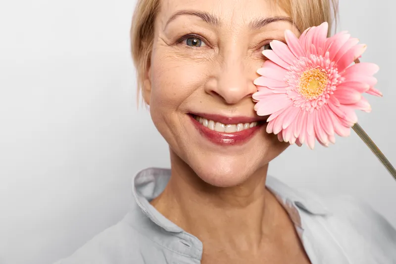 Woman smiling, pink flower gerbera closeup studio portrait, mature beauty with cheerful expression, holding blossom near face, soft light, neutral background.