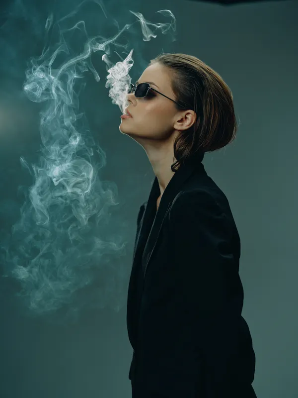 Stylish young woman in sunglasses exhaling smoke against dark background, expressing cool attitude and modern fashion style.