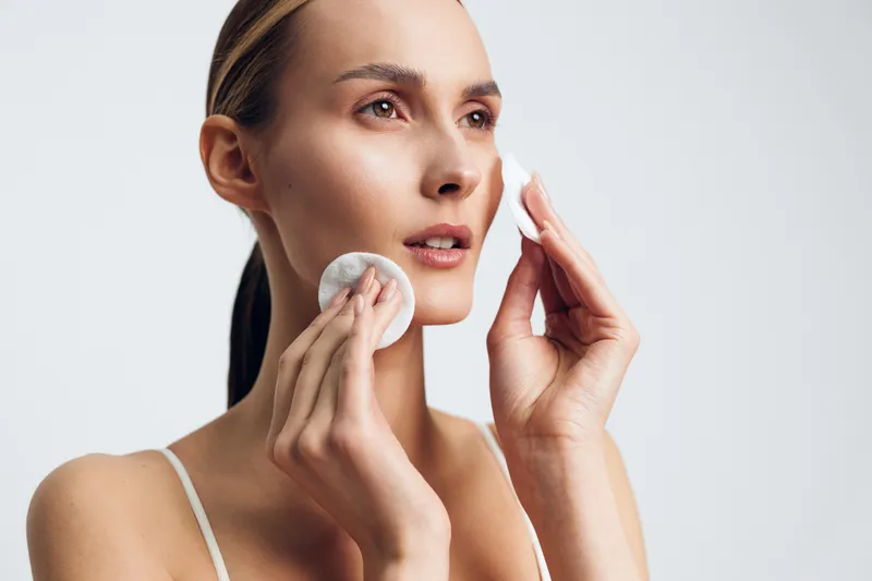 A calm closeup of a woman performing skincare cleansing her face with a cotton pad in a bright studio, showcasing serene beauty, focused expression and clean glow.