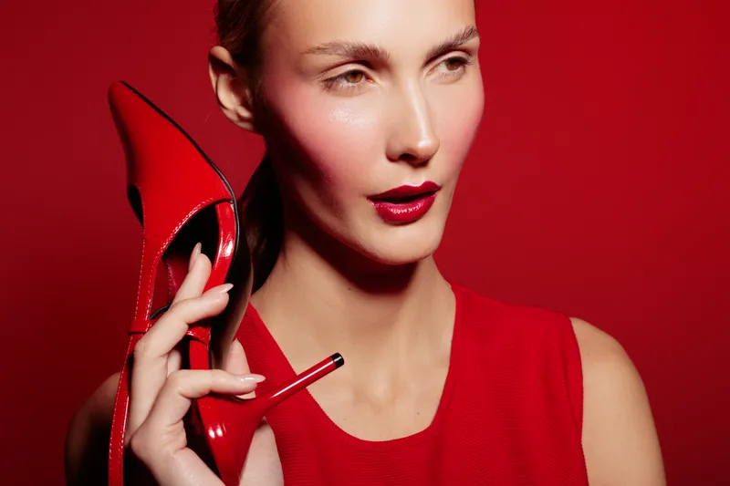 Close-up of a woman in red dress holding a red high heel shoe near her face against a red background. Concept of fashion, style, elegance, and bold color contrast.
