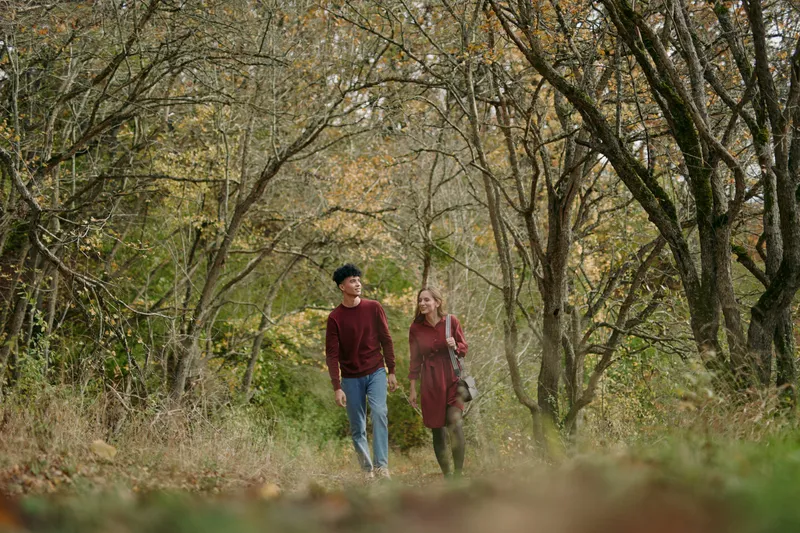 Candid young couple walking along a leaf-strewn forest path, sharing a genuine unposed moment of connection and trust, captured in warm natural light with relaxed posture and real emotion.
