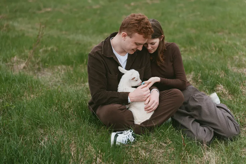 A loving couple sits in a grassy meadow, embracing a cheerful goat kid. Soft sunlight, open field, and tranquil countryside convey companionship, care, and joyful rural living.