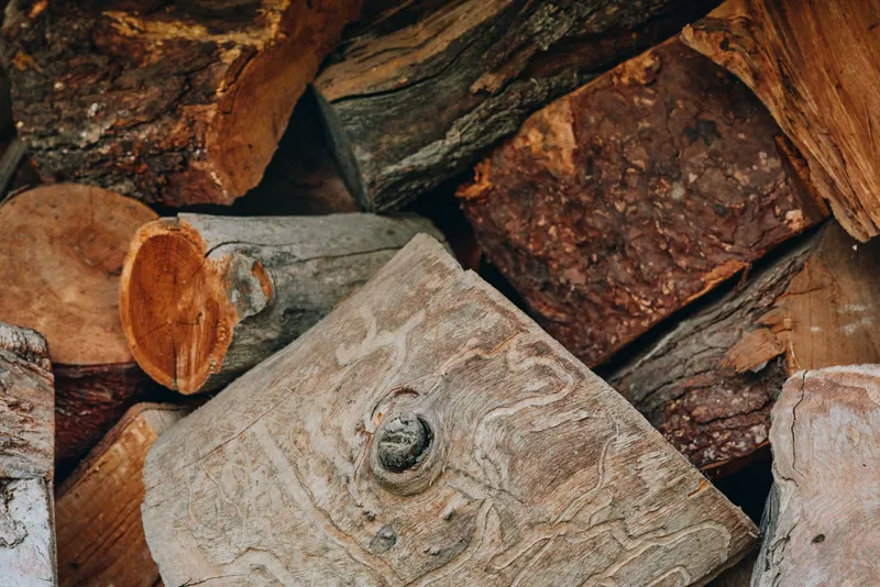Firewood, woodpile, logs, chopped wood, bark, rustic, timber, fireplace close-up of stacked seasoned firewood with visible wood grain and growth rings for cabin heating and cozy home.