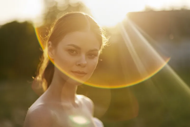 Portrait of a young woman outdoors during golden hour, showcasing natural beauty, soft sunlight, and a serene atmosphere, ideal for wellness themes