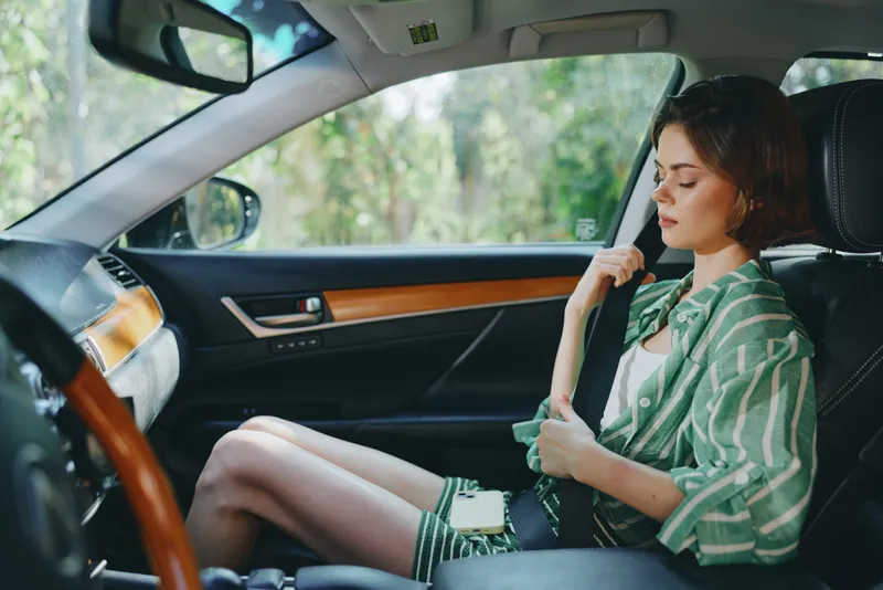A young woman sits in a car, wearing a seatbelt and relaxed, inside a modern cabin with warm wood trim.