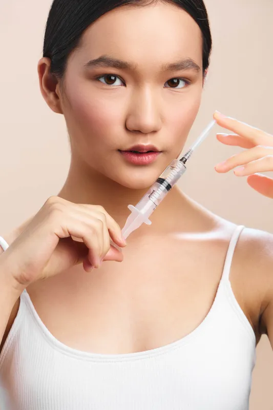 asian woman prepares a syringe in a clinical setting, steady hands and calm expression convey precision, safety, and professional care during a medical procedure.