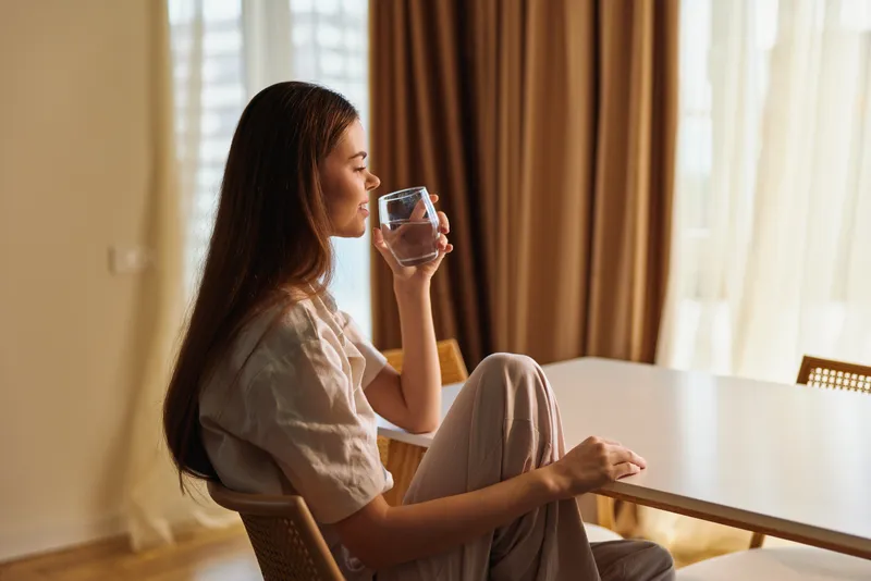 Woman drinking from a glass at a table in a home interior, relaxed portrait with sunlight through curtains, casual longhair styling, quiet morning routine and peaceful atmosphere.