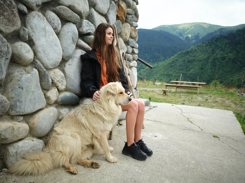 Girl sitting with a large dog beside a stone wall in a mountain landscape, outdoors, enjoying tranquil nature and a scenic valley during a calm hike in fresh mountain air