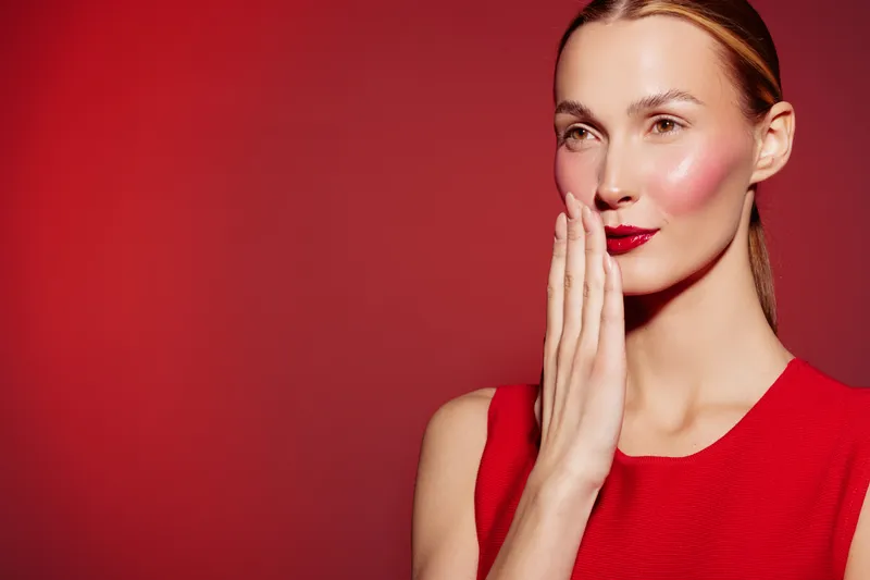 Young woman in red dress with red lipstick covers mouth with hand, looking aside on red background. Concept of surprise, beauty, fashion, and emotion in studio portrait.