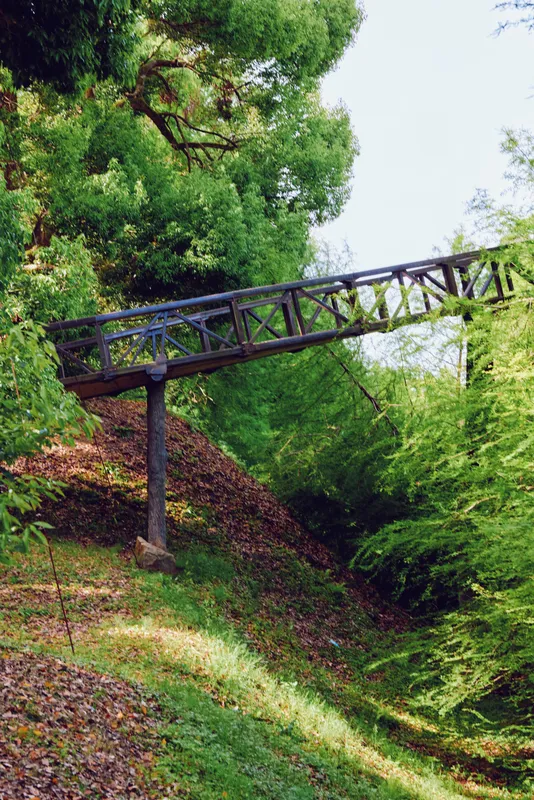 Bridge footbridge forest trees foliage hill path greenery - Rustic metal footbridge spans a shaded ravine in a lush green woodland, sloping grassy banks, dense leaves and tranquil natural scene.