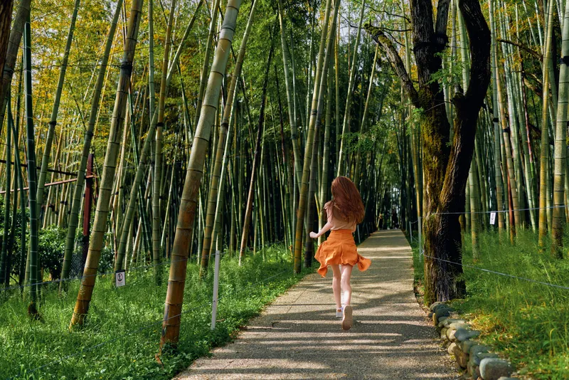 bamboo woman running on gravel path through tall forest, orange dress flowing, back view of joyful person in nature, sunlight filtering between trunks, summer motion and barefoot steps