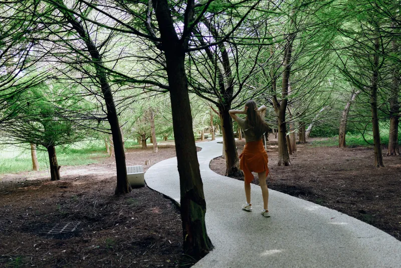 Woman walking on winding path through forest trail surrounded by trees and nature, wearing orange dress, back view, summer stroll, peaceful outdoor scene and leisure activity.