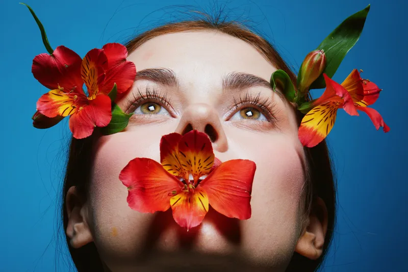 Close up portrait of a young woman with flowers, vibrant colors, showcasing beauty and nature Floral concept represents freshness, emotions, and creativity
