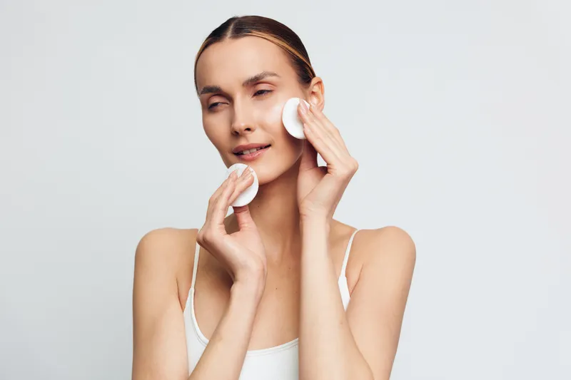 A young woman in a white tank top gently cleanses her face with cotton pads against a plain light background. Concept for skincare, beauty routine, and self-care.