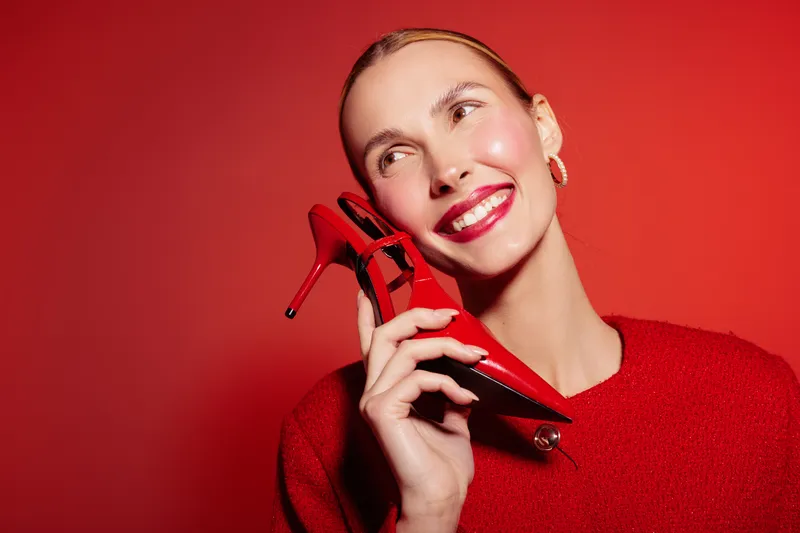 Smiling woman in red sweater holds red high heel shoe near face on red background. Concept of fashion, style, beauty, and vibrant color contrast with joyful mood.