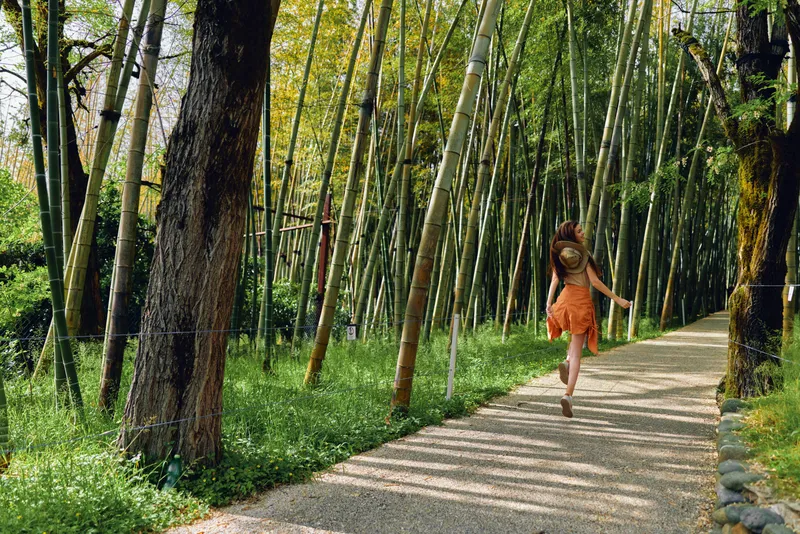 Woman girl walking through bamboo forest on a shaded path in summer, wearing orange dress and backpack, barefoot and carefree, travel scene with sunlight, greenery and motion.
