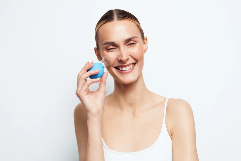 Smiling woman applying skincare with a blue sponge on her cheek, close up on a white background. Self care concept of gentle cleansing. Soft warm studio light.