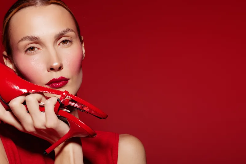 Close-up of a woman with red lipstick holding a red high heel shoe near her face against a red background. Concept of fashion, beauty, and bold style with vibrant colors.
