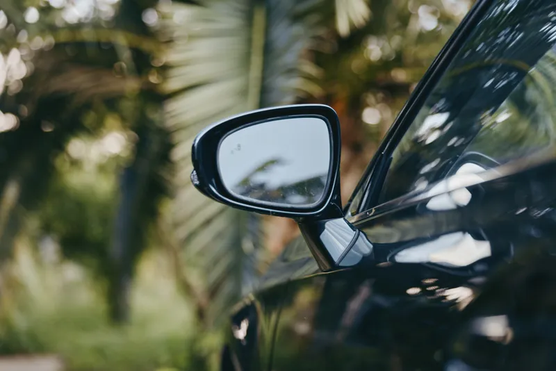 car side mirror, black car, tropical palm, reflection, closeup, travel, lifestyle, driving, glossy paint: closeup of black car side mirror with palm trees blurred in reflection, young adult driver