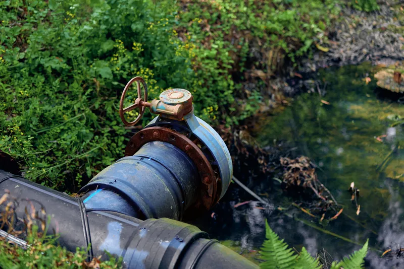 Pipe valve by creek with rusty metal flange and water leak on irrigation line, green vegetation and wetland surroundings, outdoor drainage scene showing corrosion and old pipeline maintenance