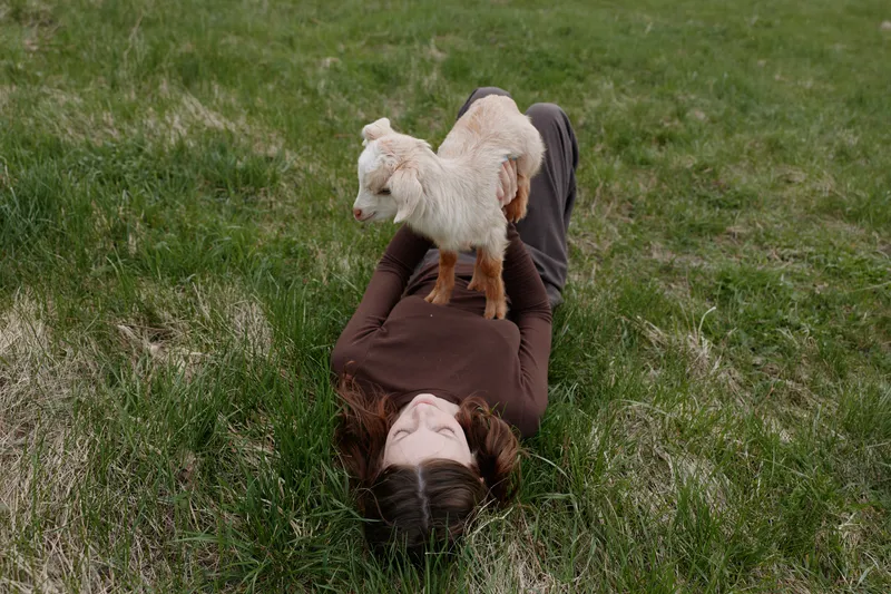 Woman lying on grass with a goat kid perched on her chest outdoors. Casual lifestyle moment highlighting bonding with animals, peace, and nature. Soft light creates a warm, joyful mood.