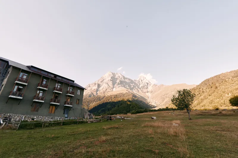 Mountain lodge meadow alpine valley pasture peaks landscape with rustic building, grazing sheep and lone tree under soft sunrise light, peaceful rural scenery for travel and outdoor escape.