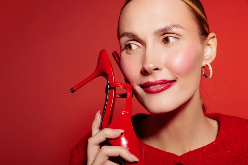 Smiling woman in red sweater holds red high heel shoe near face on red background. Concept of fashion, style, beauty, and elegance with vibrant color contrast and joyful mood.