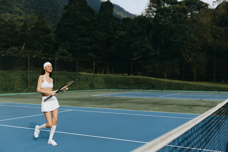 Young athletic woman enjoying tennis on a sunny day, showcasing determination and joy, dressed in a sporty white outfit on an outdoor court