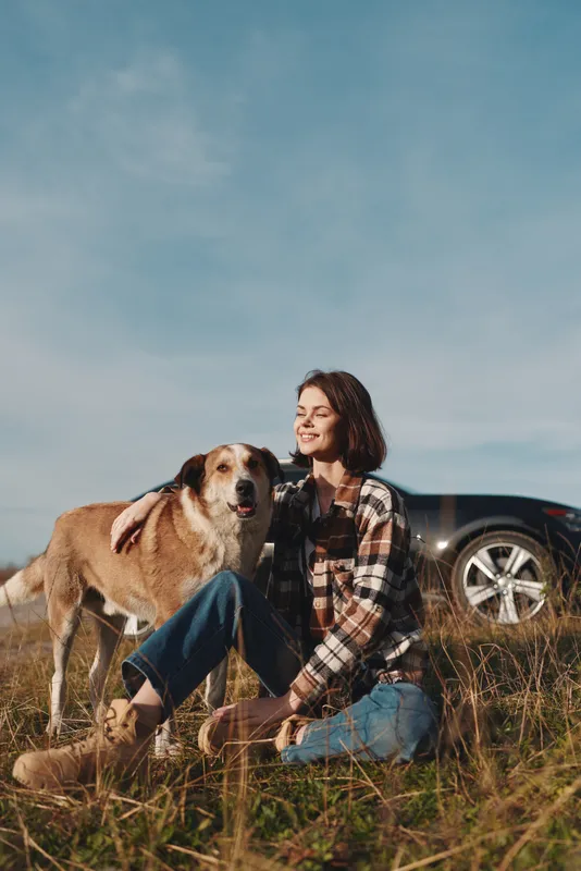 Woman sits with her dog in a sunlit meadow beside a parked car, enjoying calm companionship and nature. A relaxed moment of bond, laughter and simple outdoor life in warm light.