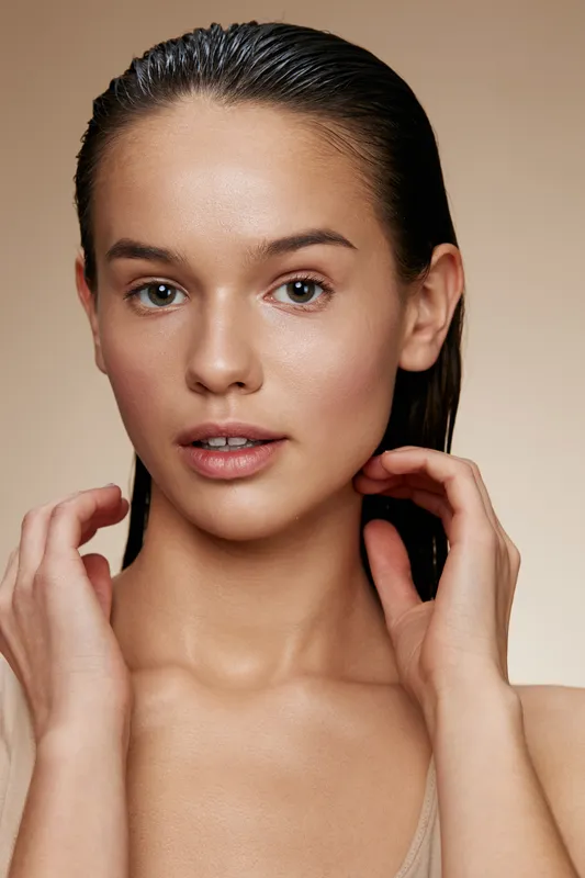 Elegant young woman with wet hair showcasing natural beauty and healthy skin, expressing serenity and confidence against a warm, neutral background
