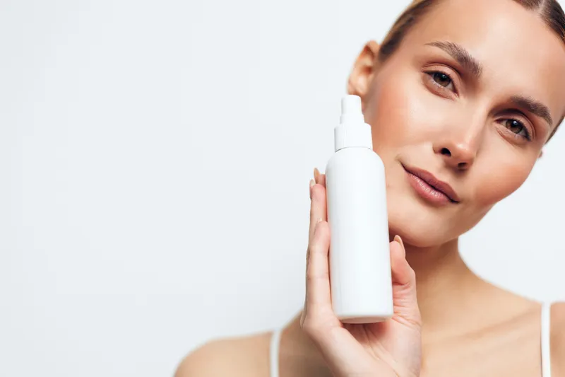 Woman skincare beauty portrait, holding a cosmetic bottle with serum, close up on face and neck, clean white background, soft studio light, calm expression