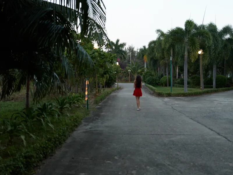 Woman walking alone on a tropical path surrounded by palm trees during evening, wearing a red dress, serene and peaceful atmosphere in nature.