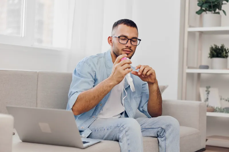 Focused man using a gadget in a modern, bright living room, surrounded by natural light and minimalistic decor. Ideal for showcasing tech innovations and lifestyle trends.