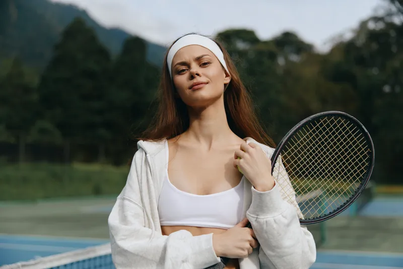 Young athletic woman with a tennis racket, wearing a sporty outfit, showcasing confidence and determination on a sunny day outdoors