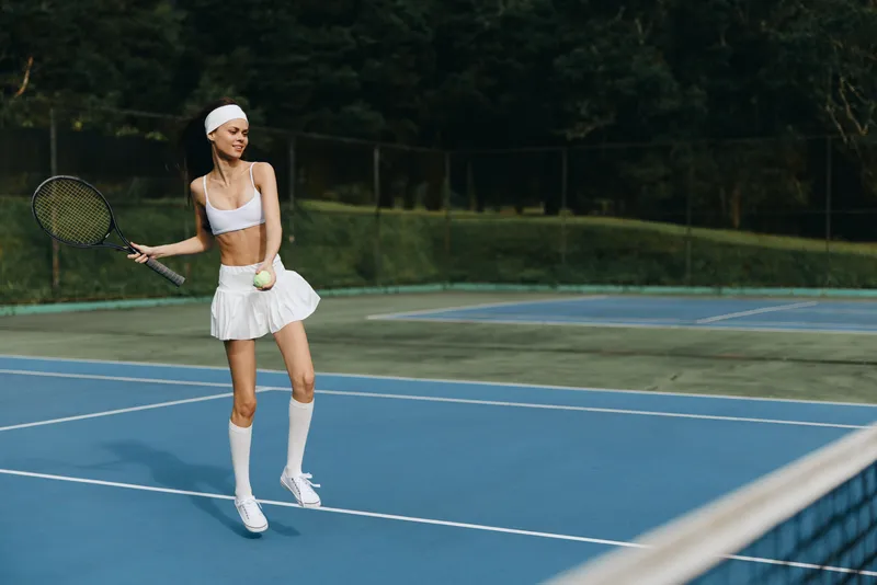Energetic young woman playing tennis outdoors in sporty attire, showcasing a fun and vibrant atmosphere with a focus on movement and skill