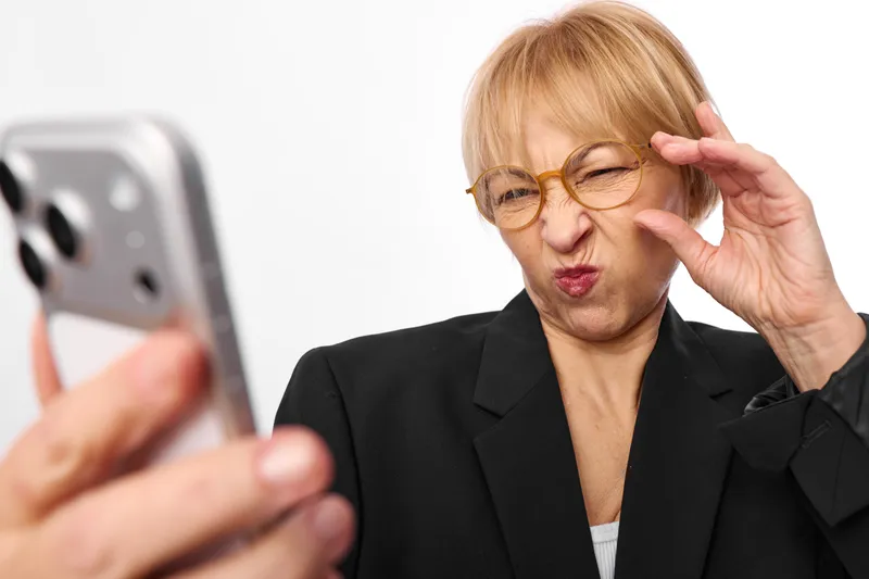 Businesswoman with glasses making a thoughtful gesture, holding a smartphone for a closeup portrait, senior professional office style blazer, confident expression, blurred phone foreground