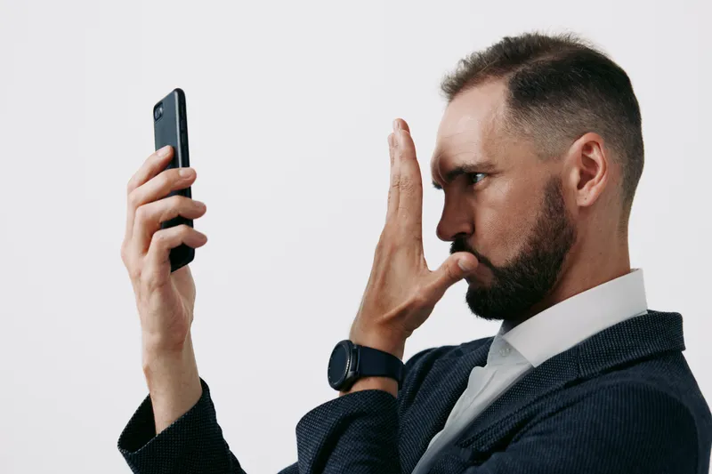 A focused business professional man poses with a smartphone against an isolated colored background, conveying determination, poise, and strategic thinking in a modern work setting.