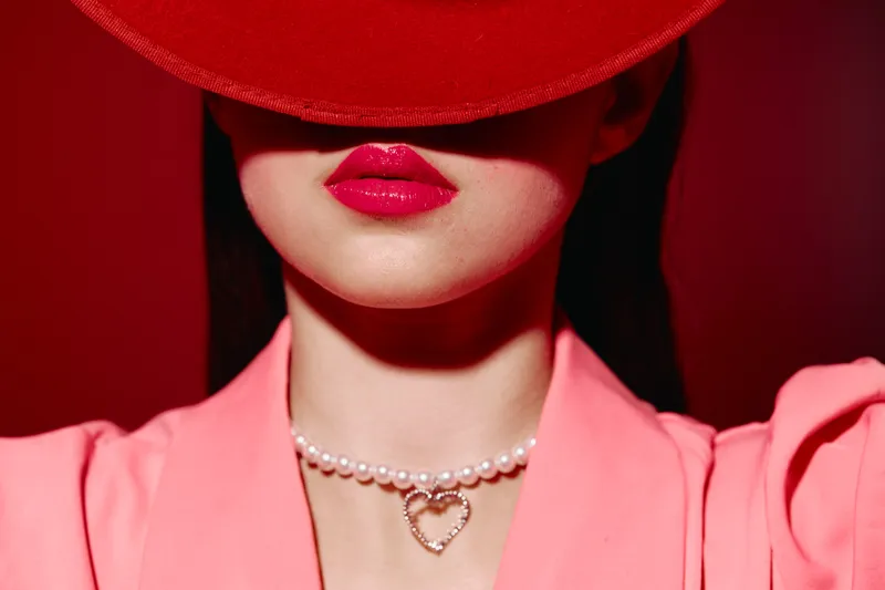 Young woman with bold red lipstick wears stylish hat covering eyes pink blazer pearls heart necklace isolated on red background. Beauty fashion concept with mysterious elegant audiovisual style.
